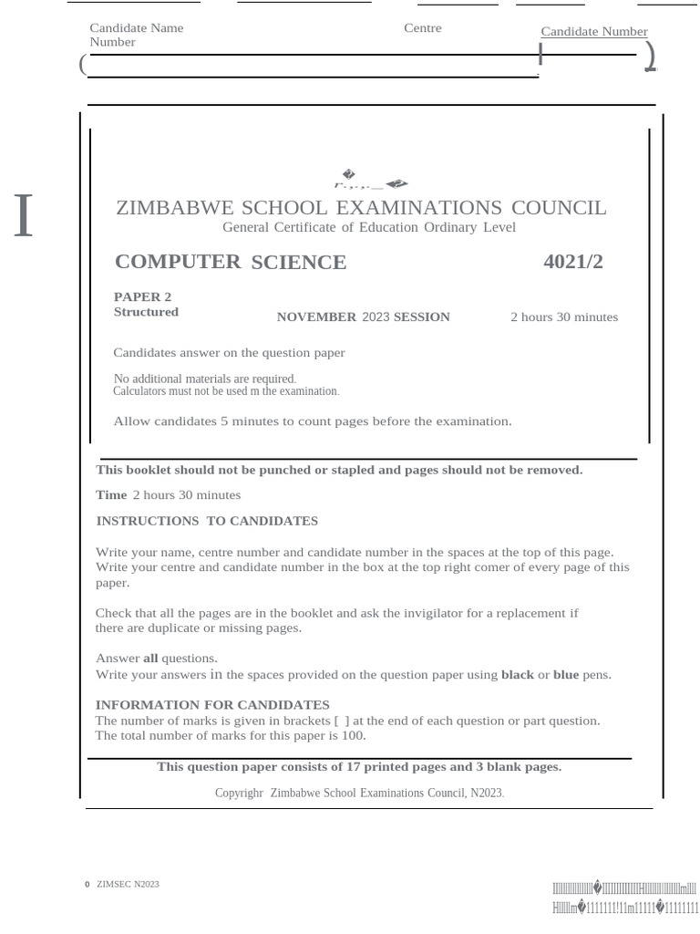 ZIMSEC O Level Computer Science Exam Paper | PDF | Computing | Computer ...