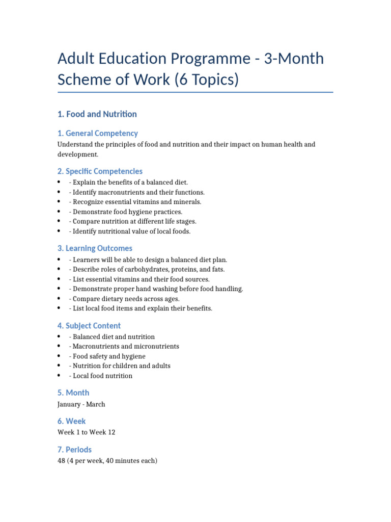 3-Month Adult Education Curriculum | PDF | Nutrition | Diet & Nutrition