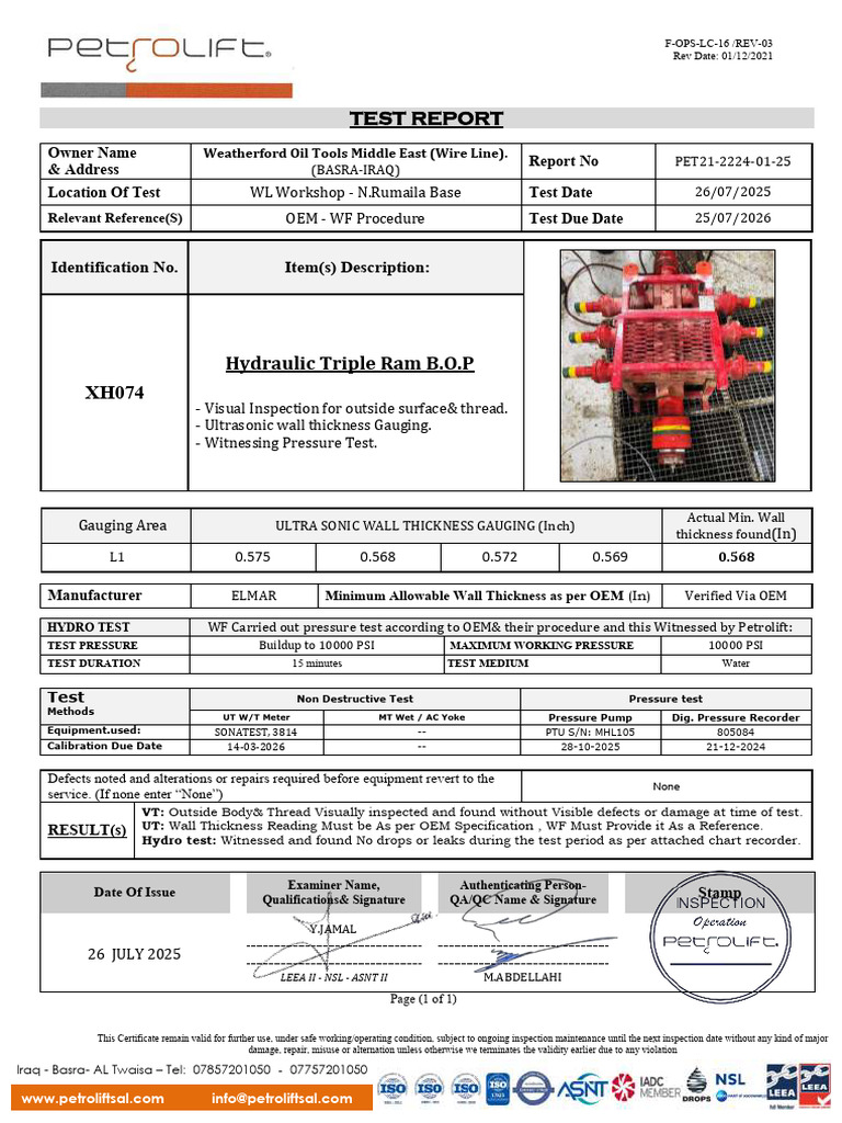 PET21-2224!01!25 Hydraulic Triple Ram BOP XH074 | PDF | Mechanical ...