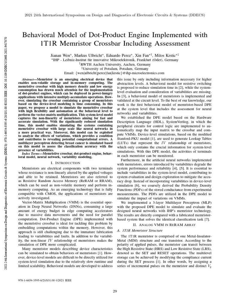 Behavioral Model of Dot-Product Engine Implemented With 1T1R Memristor ...