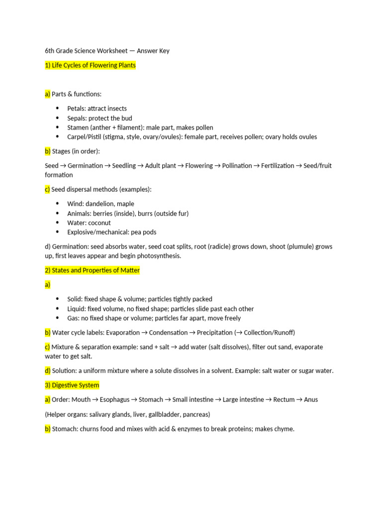 6th Grade Science Worksheet Answer Key | PDF | Seed | Flowers