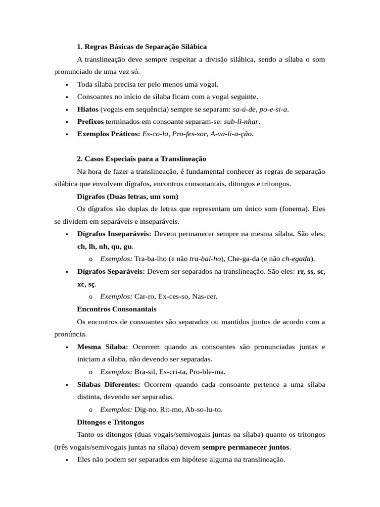 Regras de Divisão Silábica e Translineação | PDF | Sílaba | Vogal