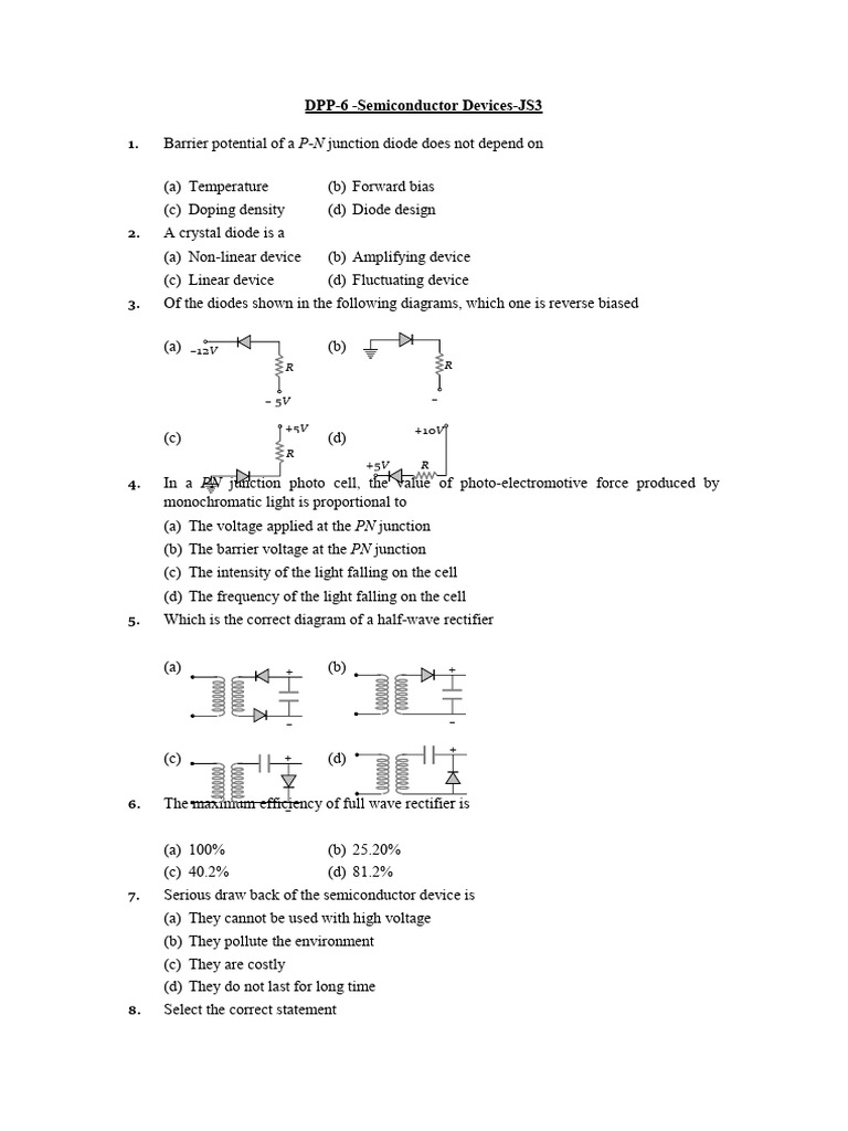 Semiconductor Devices Quiz Questions | PDF | P–N Junction | Diode