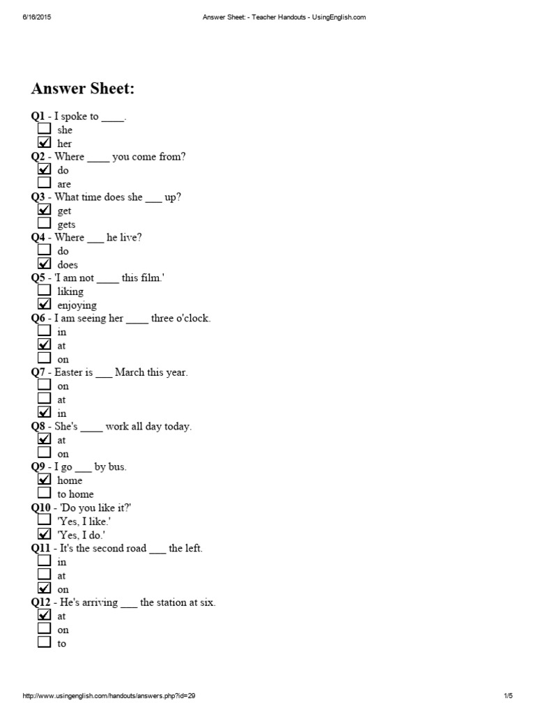 English Grammar Answer Sheet | PDF