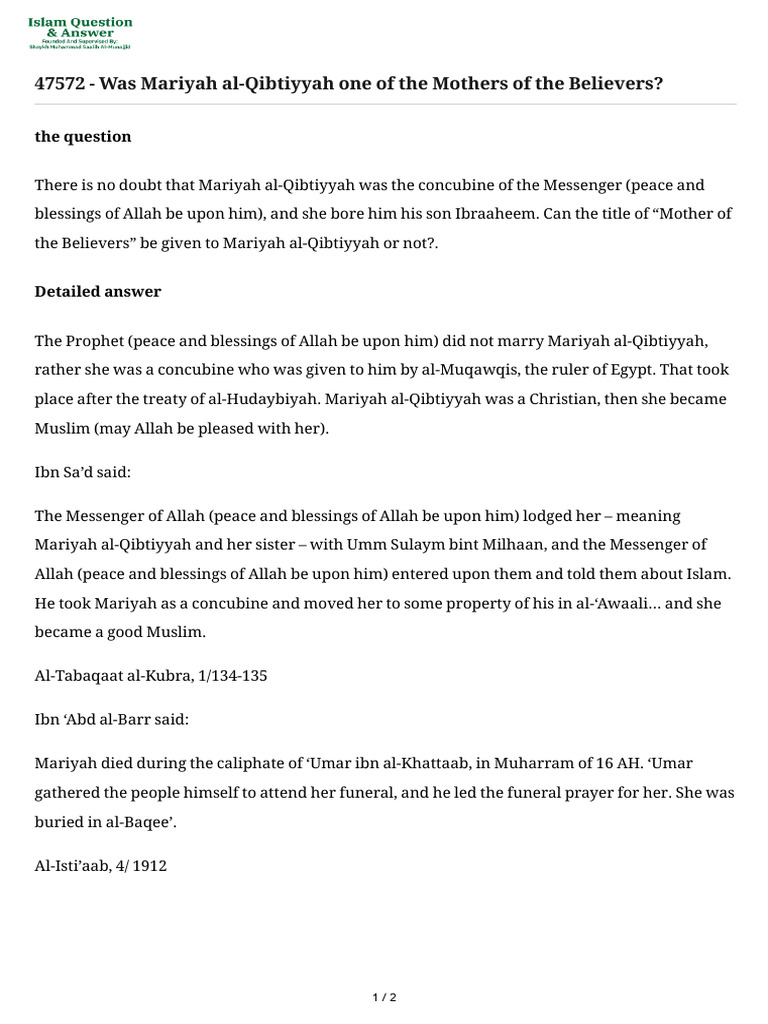 Was Mariyah Al Qibtiyyah One of The Mothers of The Believers | PDF