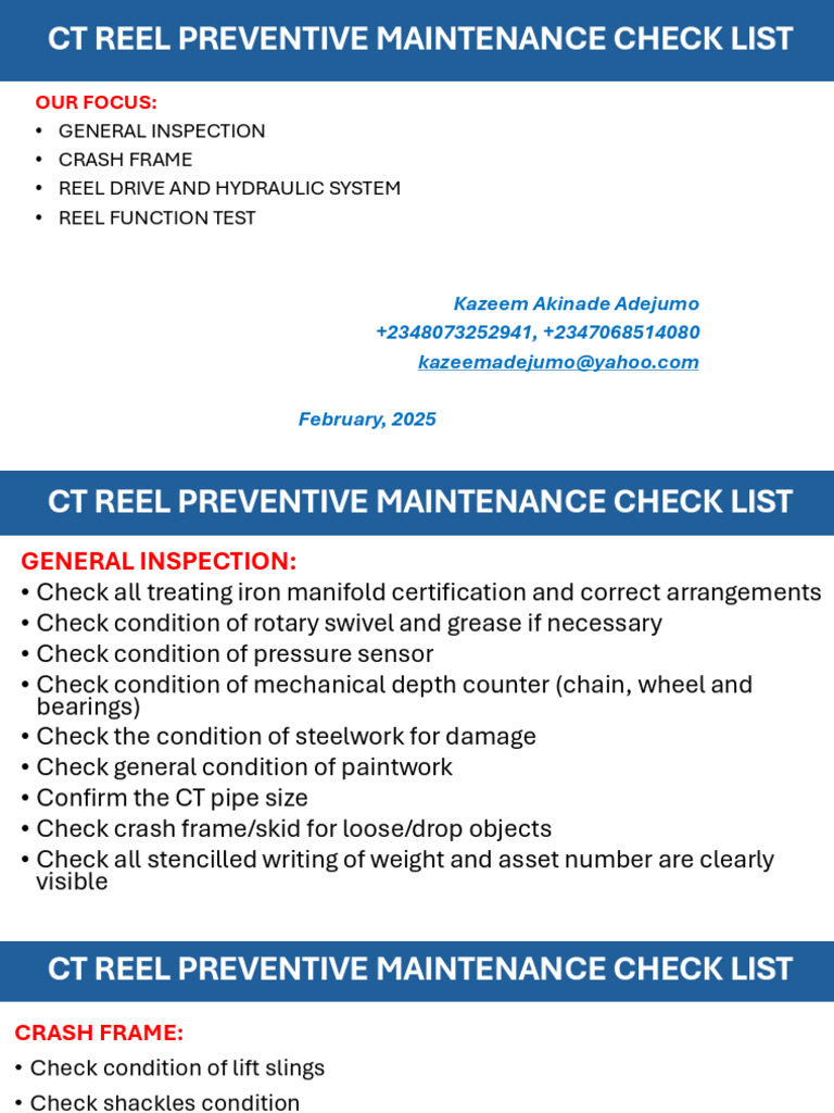 CT Reel Preventive Maintenance Check List | PDF | Mechanical ...
