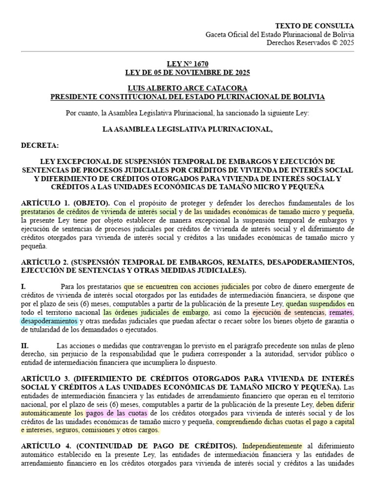 Ley 1670: Diferimiento de Créditos en Bolivia | PDF | Interés | Póliza ...