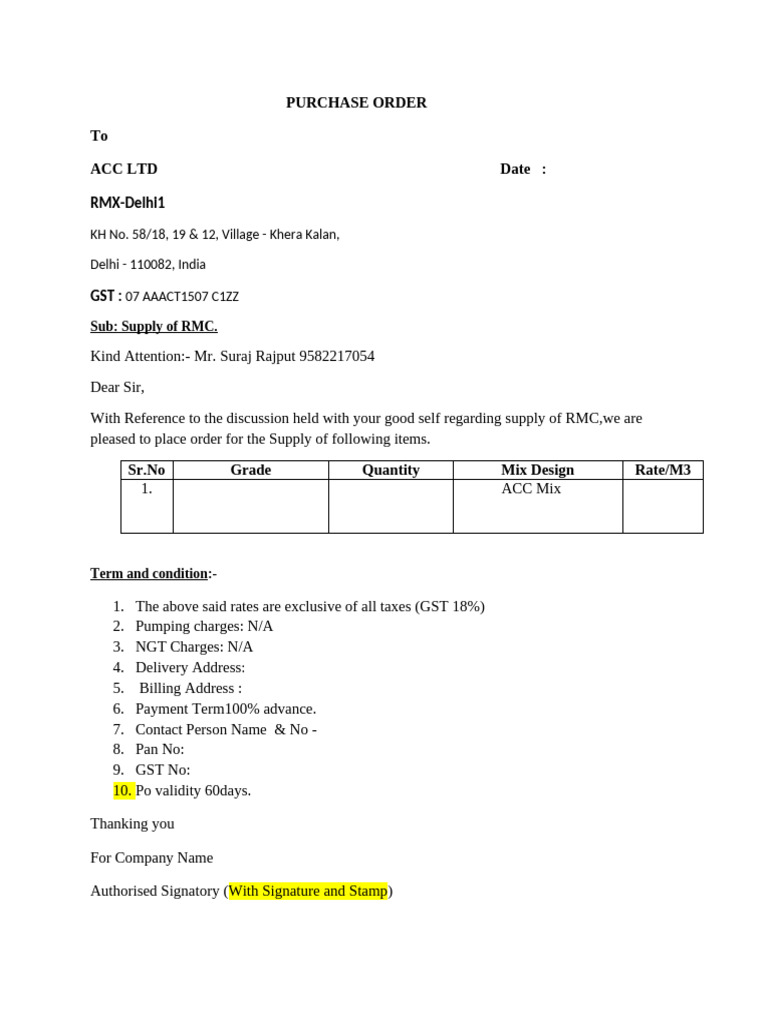 Purchase Order for RMC Supply | PDF