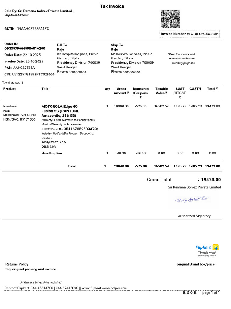 Invoice for Motorola Edge 60 Purchase | PDF | Payments