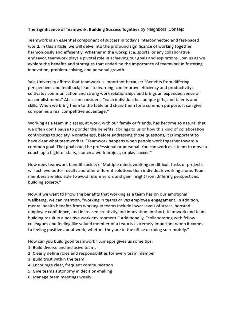 The Significance of Teamwork - Reading SV | PDF | Creativity | Mental ...