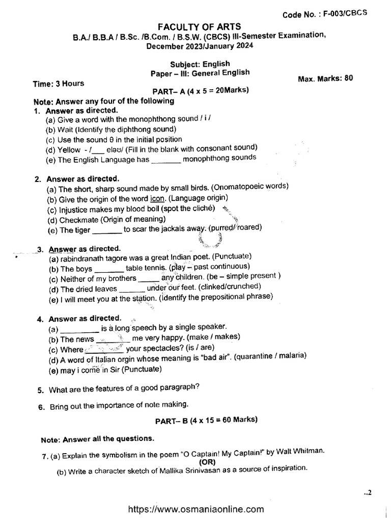 Ba Bba BSC Bcom BSW 3 Sem English p3 General English F 003 Jan 2024 | PDF