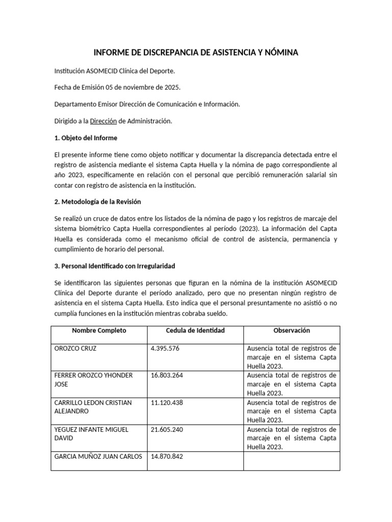 Informe de Discrepancia de Asistencia y Nómina | PDF