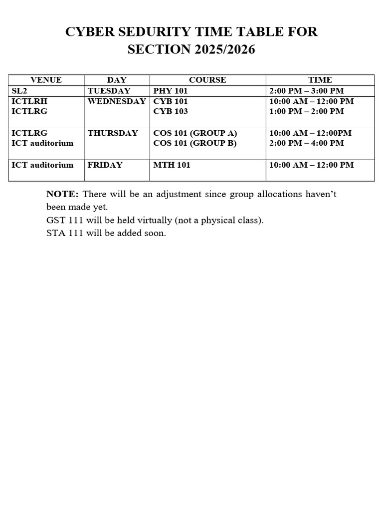 Cybersecurity Class Schedule 2025/2026 | PDF