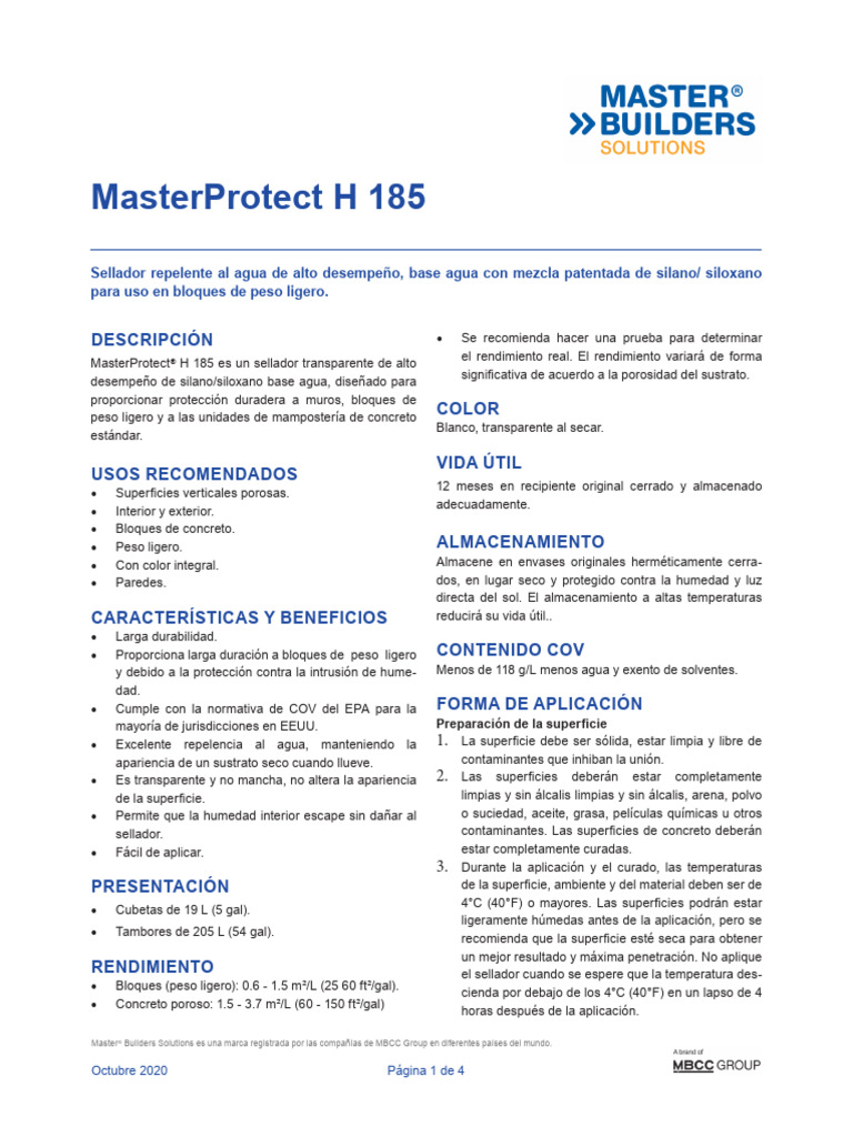 Sellador MasterProtect H 185 para bloques | PDF | Agua | Hormigón