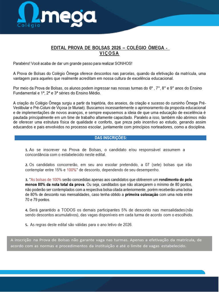 Prova de Bolsas 2026 - Colégio Ômega Viçosa | PDF | Equações | Números