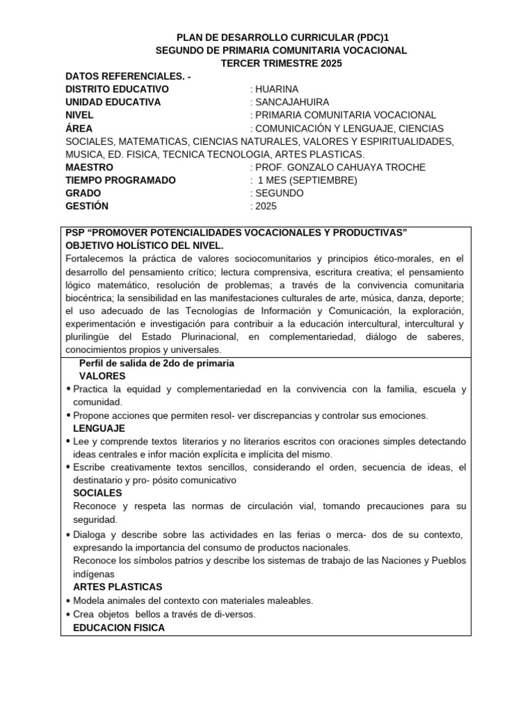 Plan Curricular 2° Primaria 2025 Huarina | PDF | Plan de estudios ...