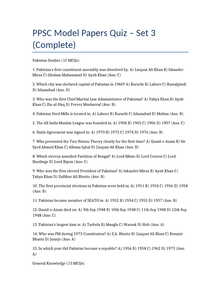 PPSC_Quiz3_Complete | PDF | Pakistan | Politics Of Pakistan