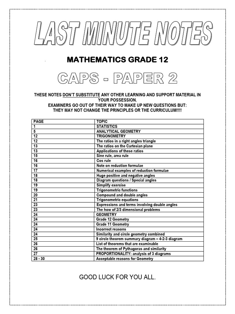 Grade 12 Mathematics Study Notes | PDF | Rectangle | Trigonometry