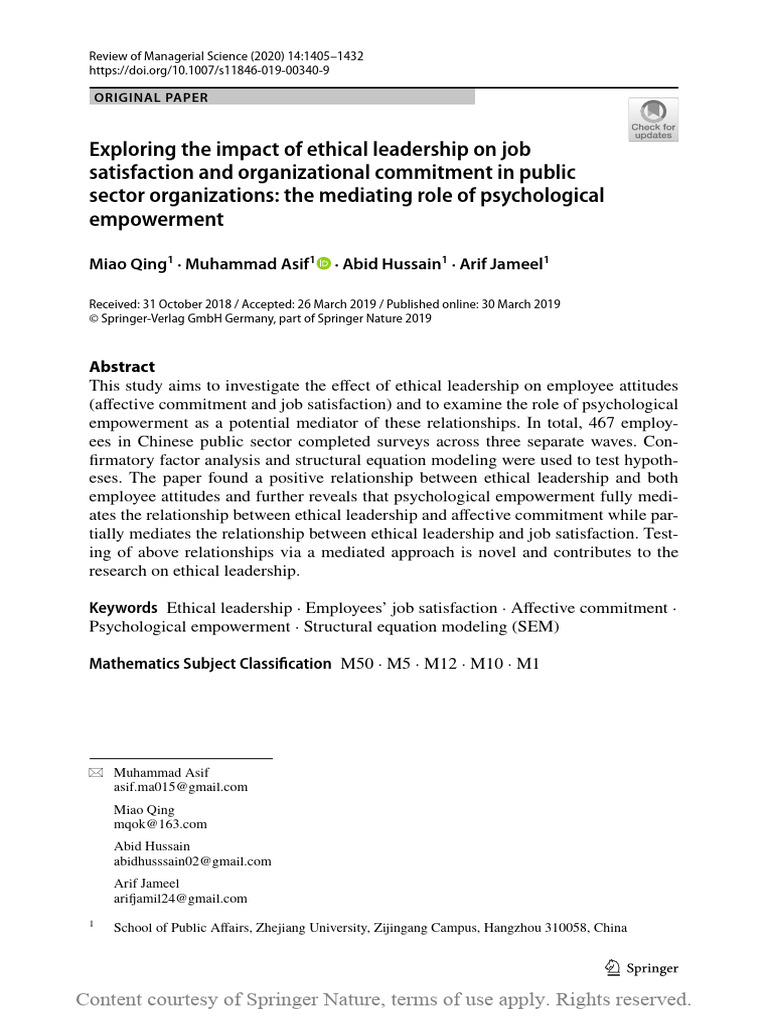 Exploring The Impact of Ethical Leadership On Job Satisfaction and ...