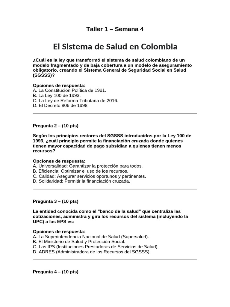 Taller 1 - El Sistema de Salud en Colombia | PDF | Politica social ...