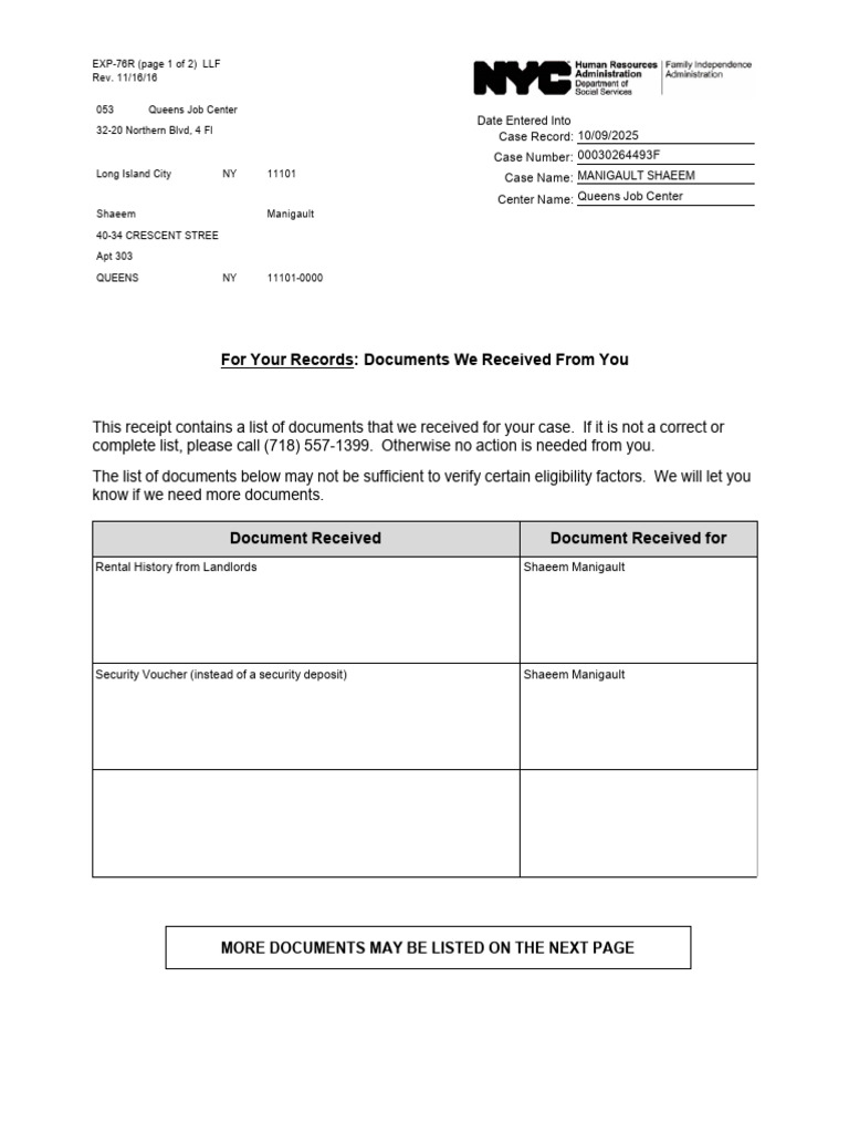 EXP-76R Documentation Receipt | PDF
