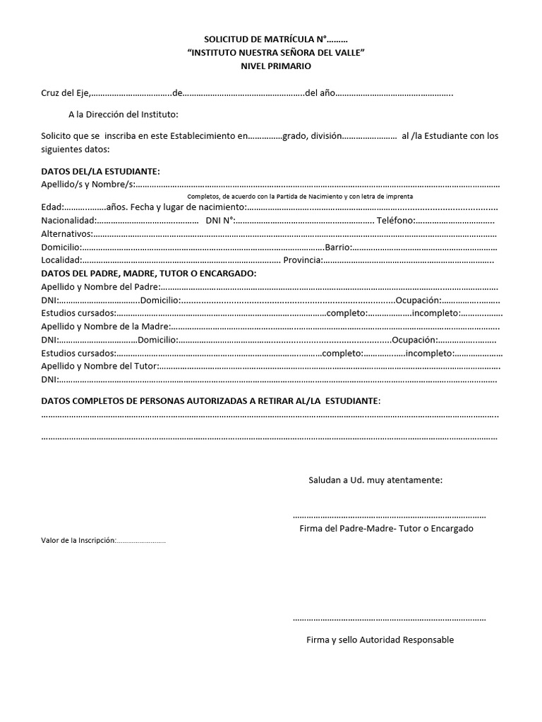 Solicitud de Matrícula Primaria 2023 | PDF