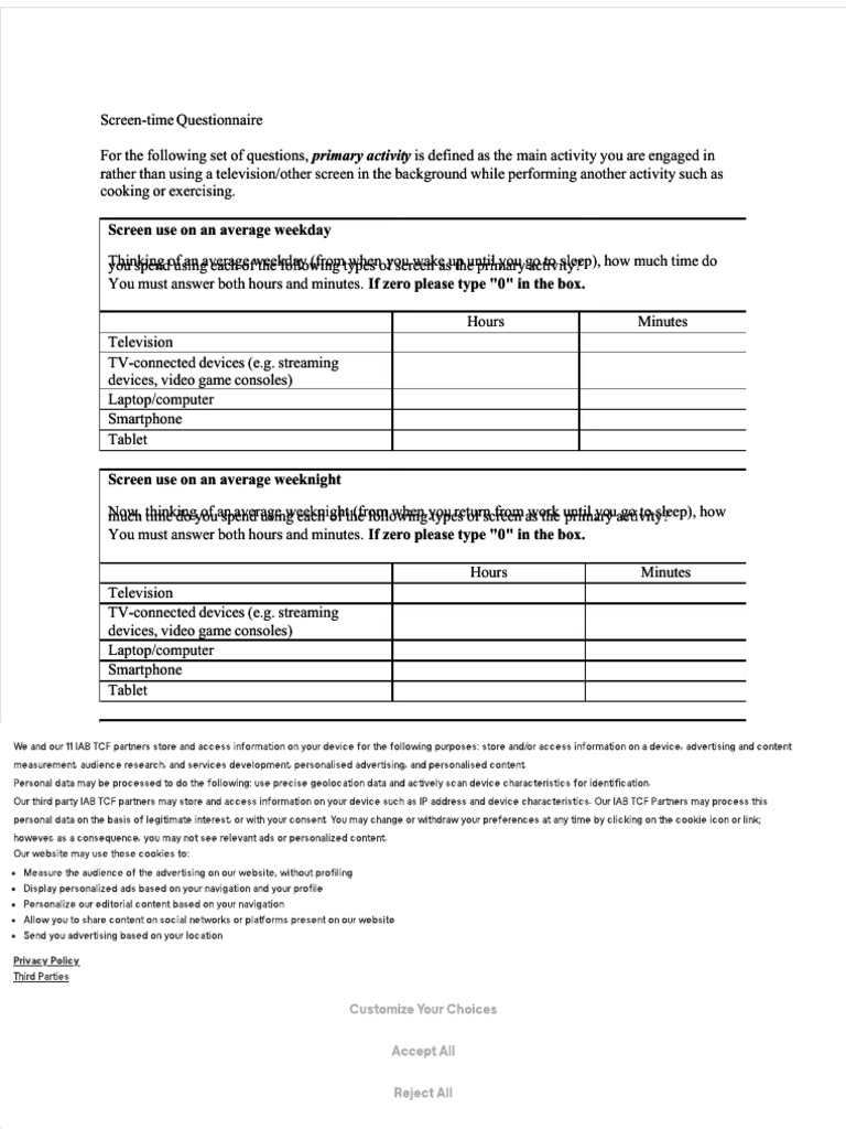 Screen-Time Usage Assessment Questionnaire | PDF | Consumer Electronics ...