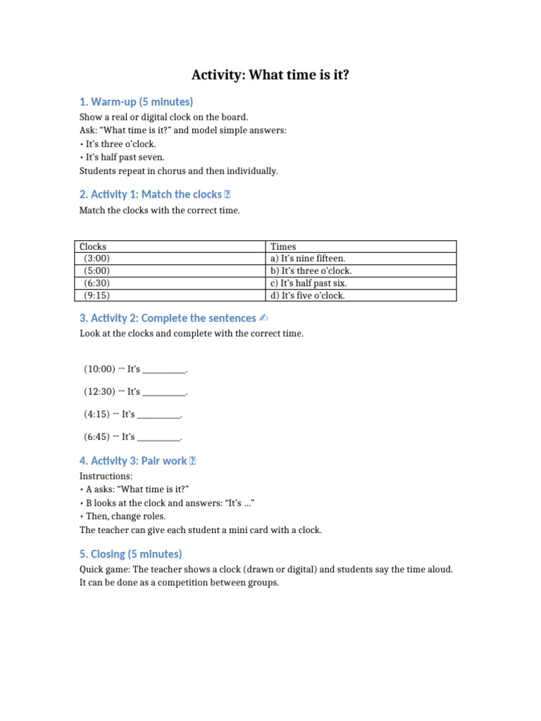Teaching Time: Engaging Classroom Activities | PDF