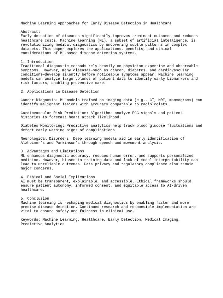 Machine Learning Approaches For Early Disease Detection in Healthcare | PDF