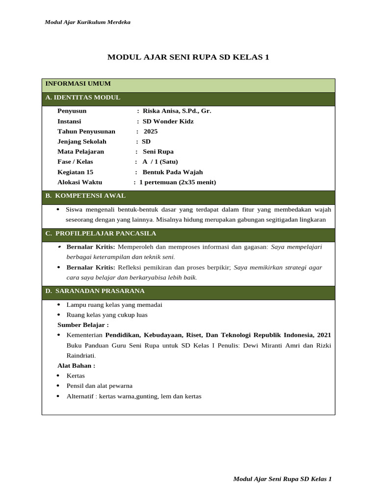 Modul Ajar Seni Rupa Kelas 1 SD | PDF