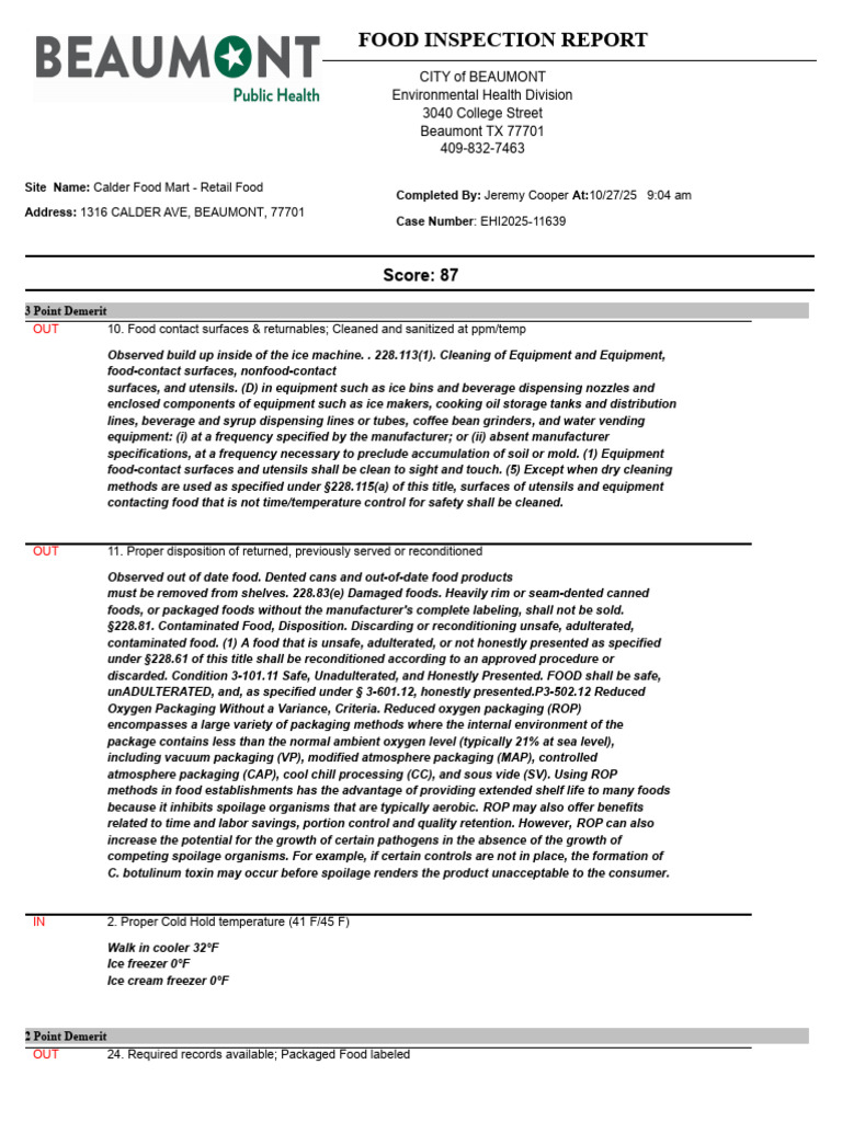 Beaumont Food Inspection Report: Calder Mart | PDF | Food Safety