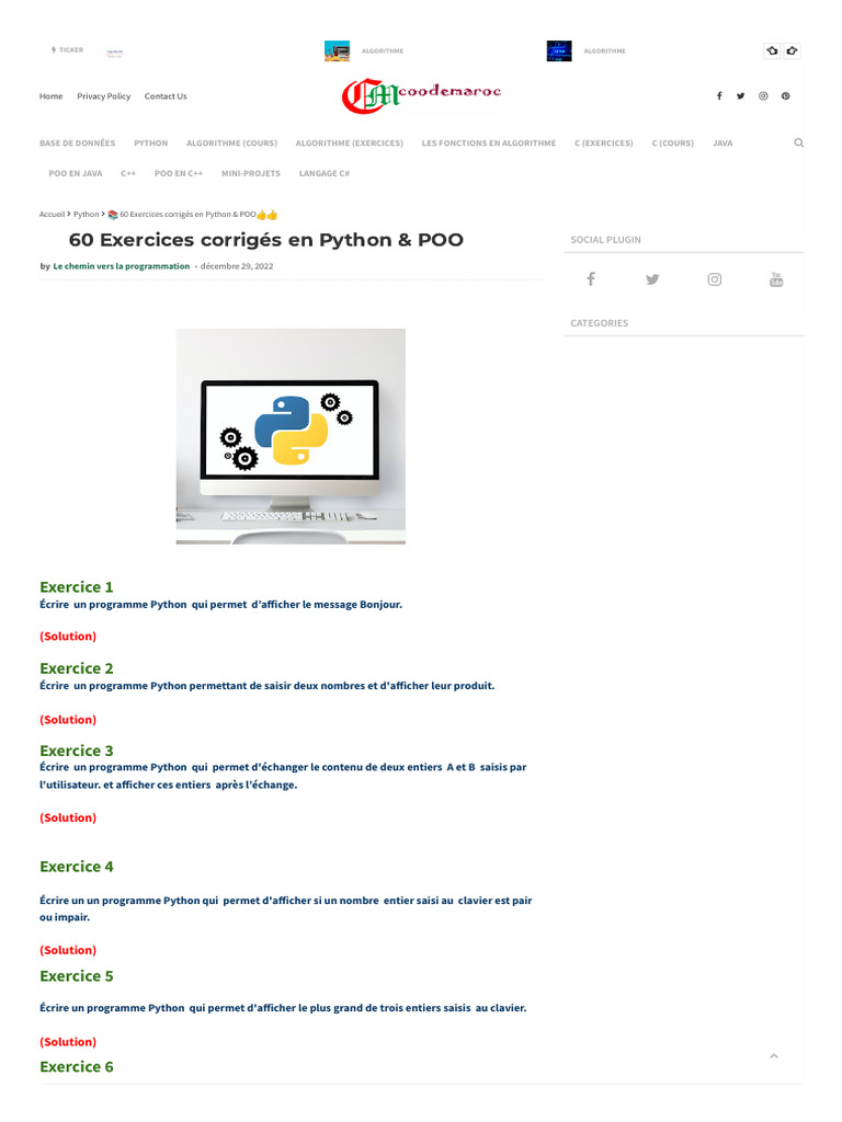 60 Exercices Corrigés en Python | PDF | Somme (arithmétique) | Python ...