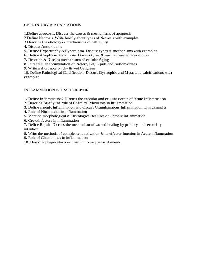 Cell Injury & Inflammation Important Questions | PDF
