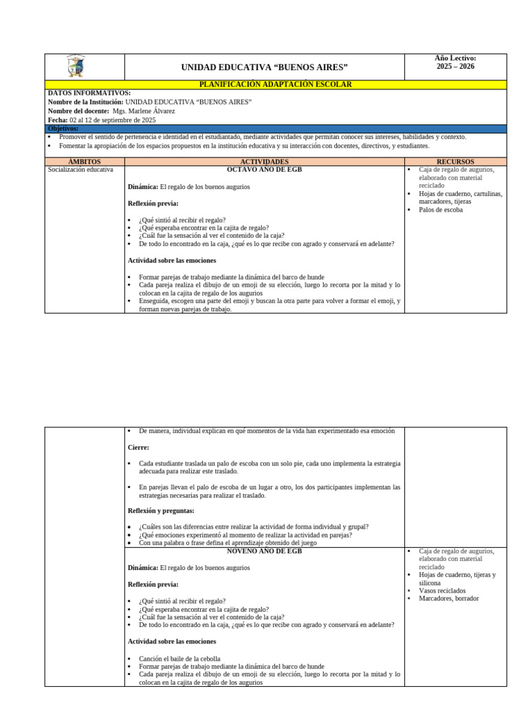 Planificación Escolar 2025-2026 EGB | PDF | Cognición | Aprendizaje
