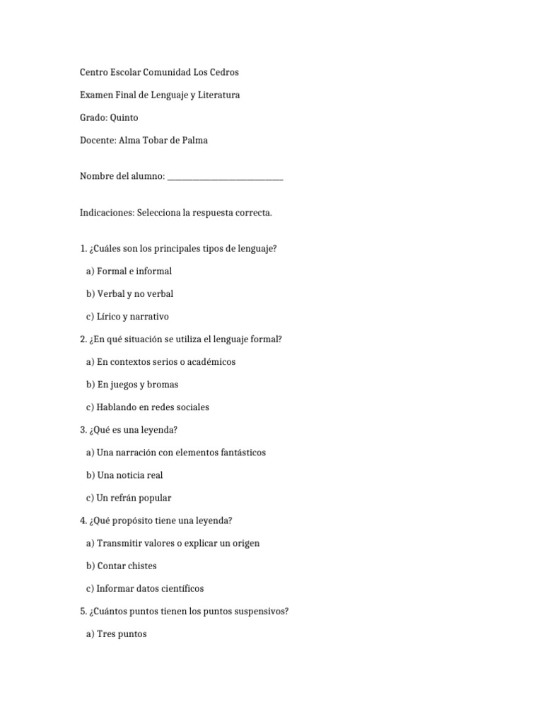 Examen de Lenguaje y Literatura 5to Grado | PDF | Verbo | Adverbio