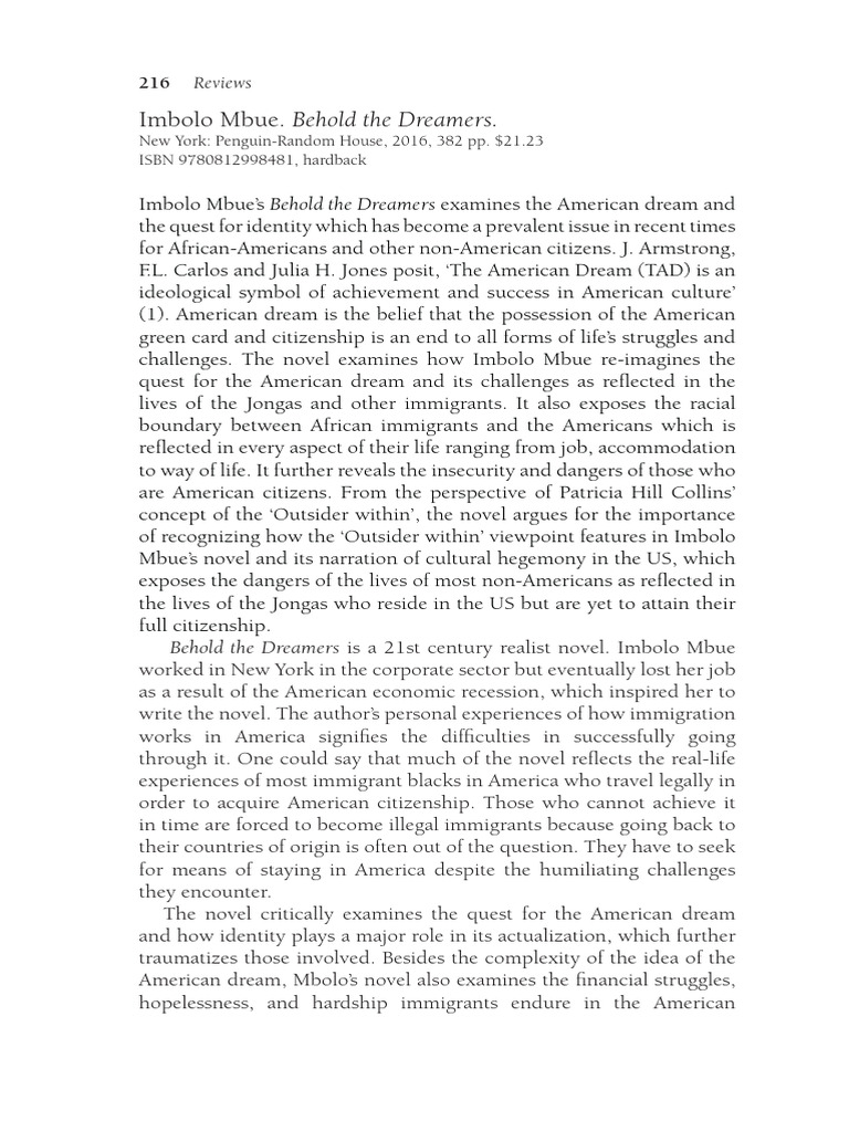 Imbolo Mbue Behold The Dreamers PDF Immigration American Dream