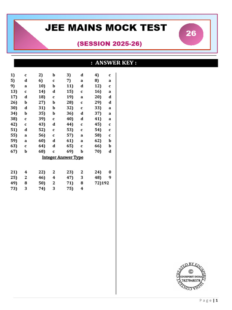 JEE Mains Mock Test Answer Key 2025-26 | PDF | Spectral Line | Equations