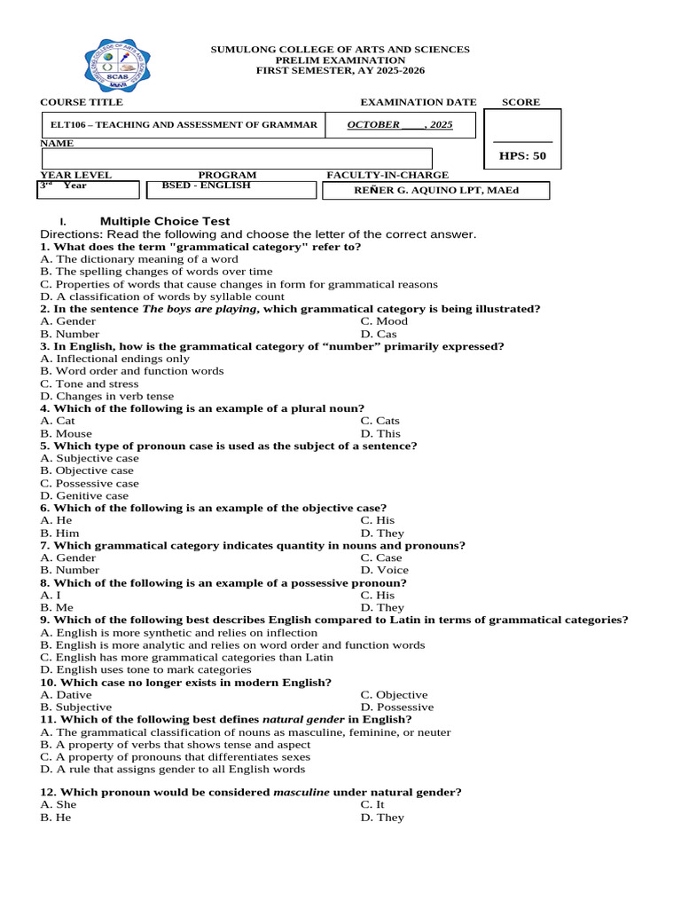 Grammar Teaching Assessment Exam 2025 | PDF | Grammatical Gender ...