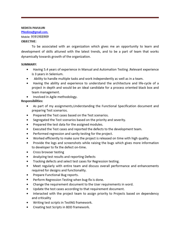 Nedista P Resume Software QA - Updated | PDF | Software Testing | Computing