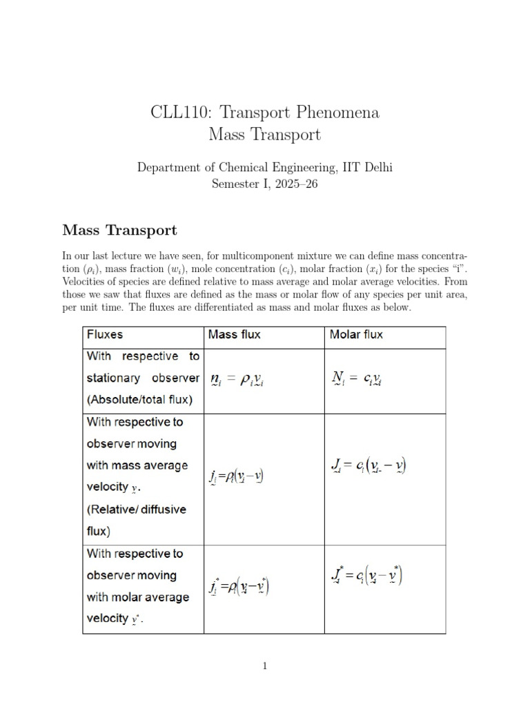 Mass Transport in Multicomponent Mixtures | PDF | Diffusion | Flux
