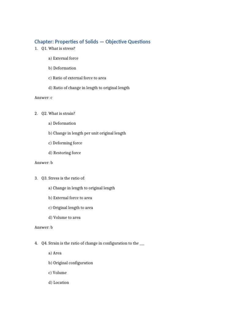 Properties of Solids: Objective Questions | PDF | Elasticity (Physics ...