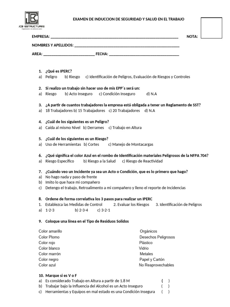 Examen De Inducción General Pdf Color