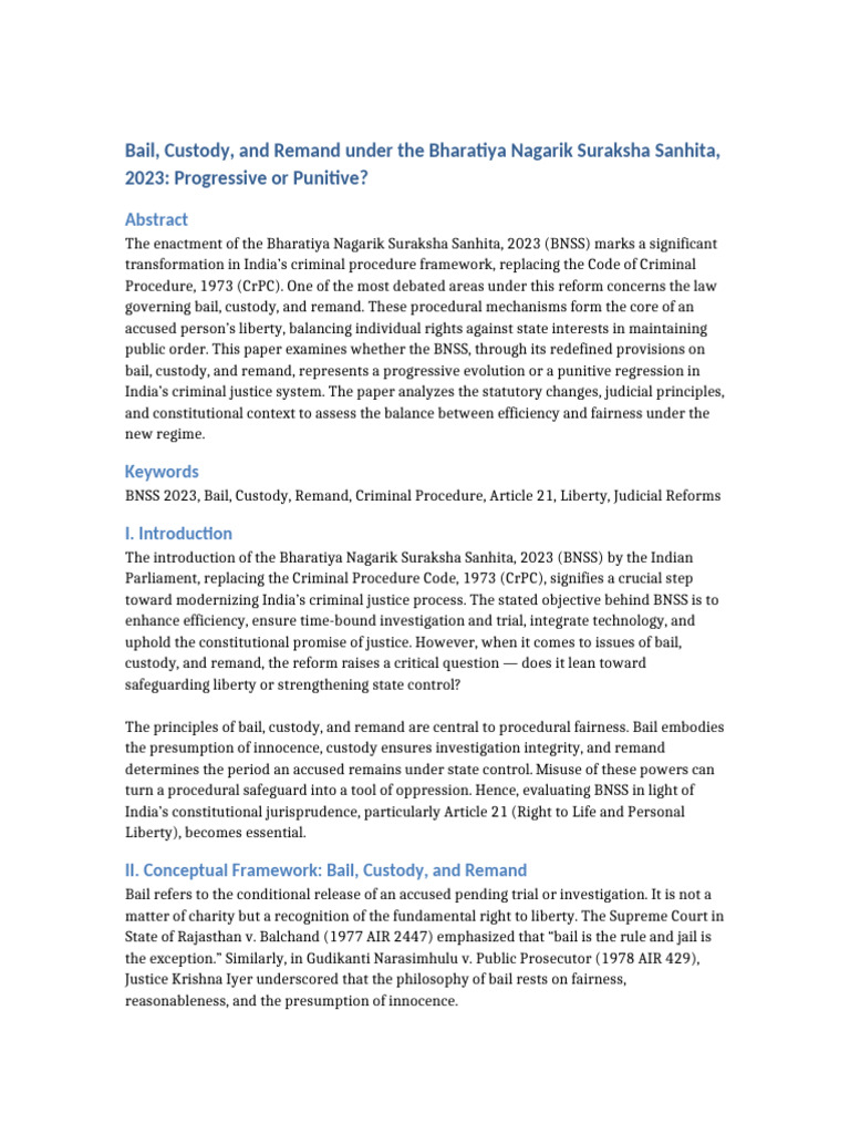 BNSS 2023: Bail, Custody, and Remand Analysis | PDF | Bail | Misconduct