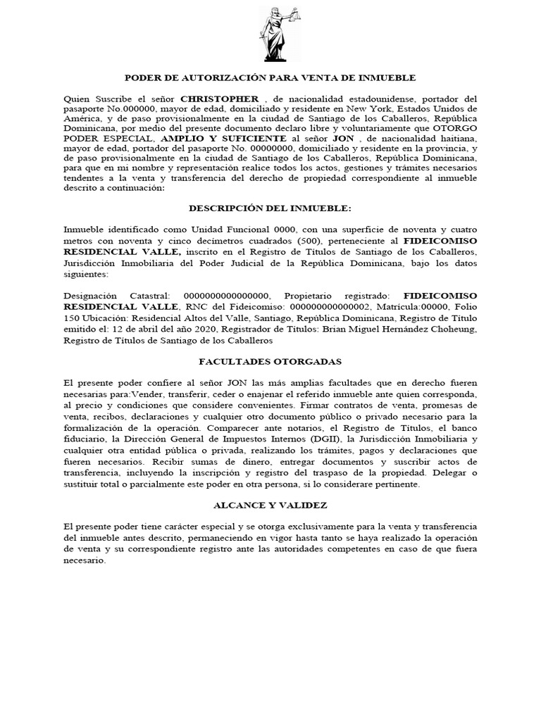 Poder de Autorización para Venta Inmueble | PDF | República Dominicana