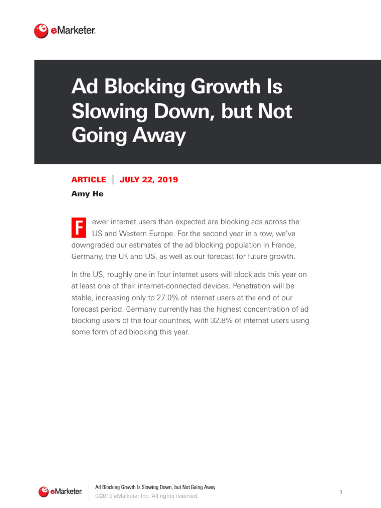 Ad Blocking Growth Is Slowing Down But Not Going Away EMarketer | PDF ...