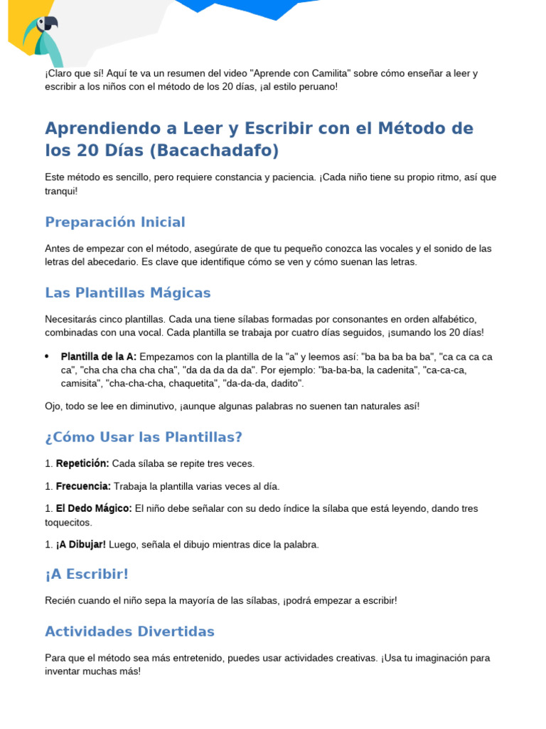 El Método de Los 20 Días para Enseñar A Leer y Escribir | PDF