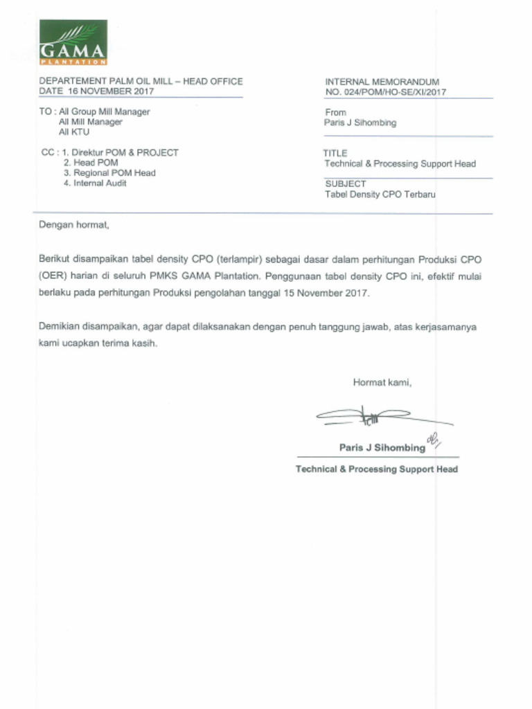 Memo Tabel Density CPO | PDF