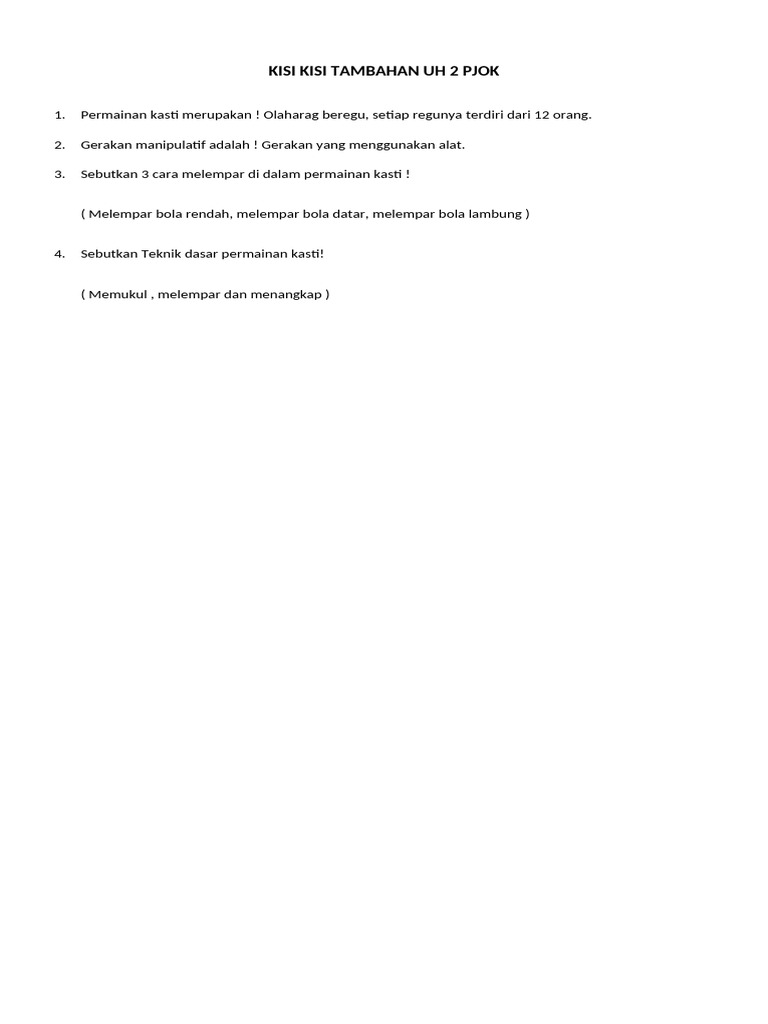 Kisi-Kisi Tambahan UH 2 PJOK Kasti | PDF