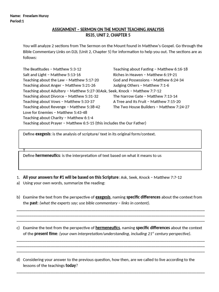 Sermon on the Mount Analysis Guide | PDF | Sermon On The Mount | Gospel ...
