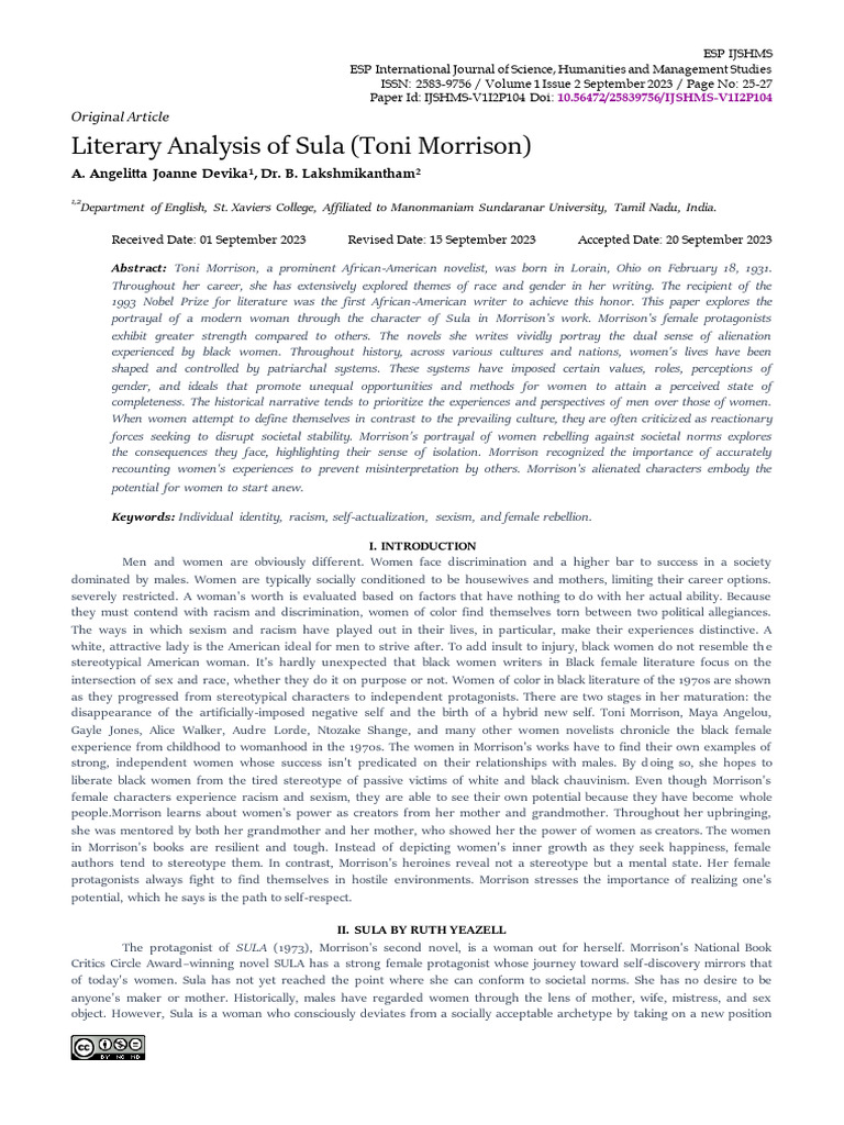 Literary Analysis of Sula by Toni Morrison | PDF | Identity (Social ...